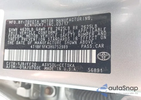 2017 Toyota Camry Se из США, поврежденный, VIN 4T1BF1FK3HU752989